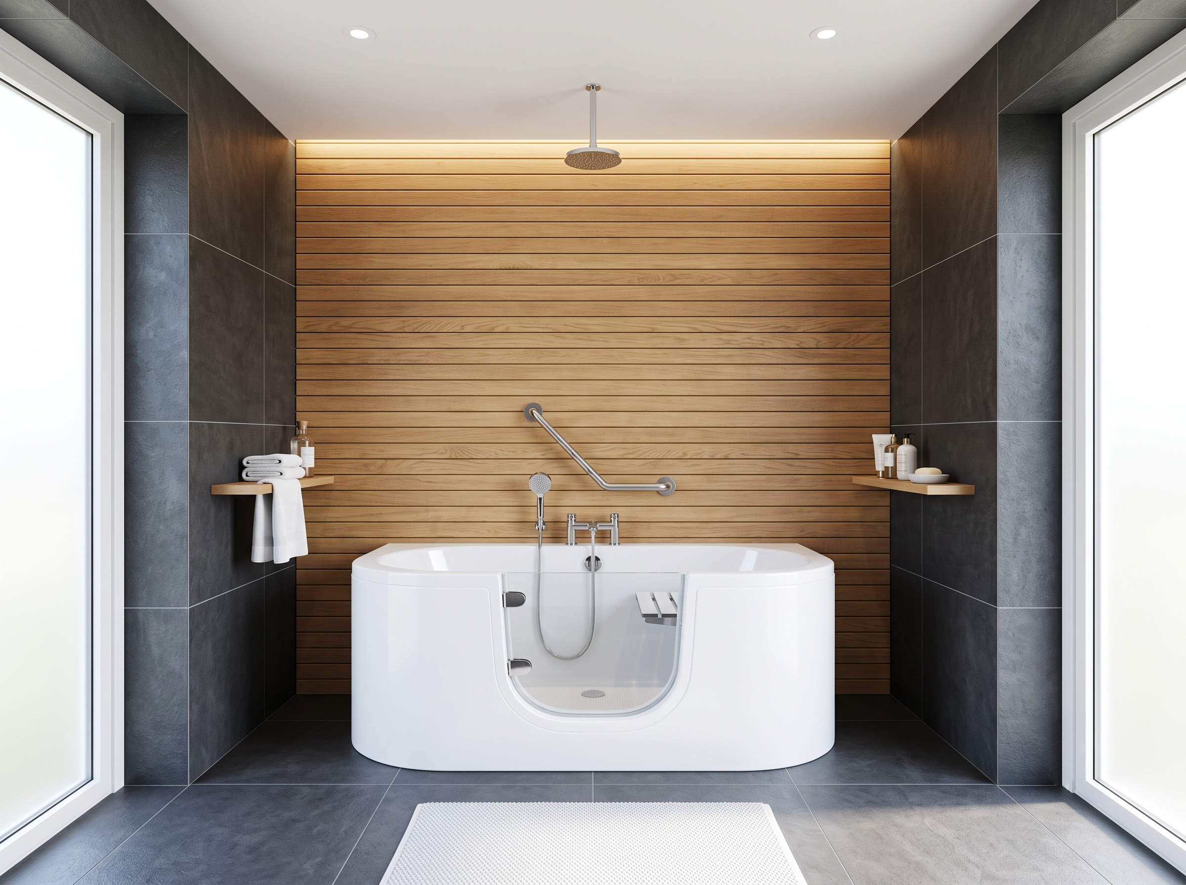 0% VAT mobility bathroom featuring a white walk-in bath
